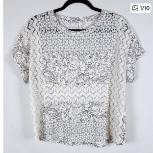 Anthropologie Cream Short Sleeve Top with Black Floral and Lace Trim